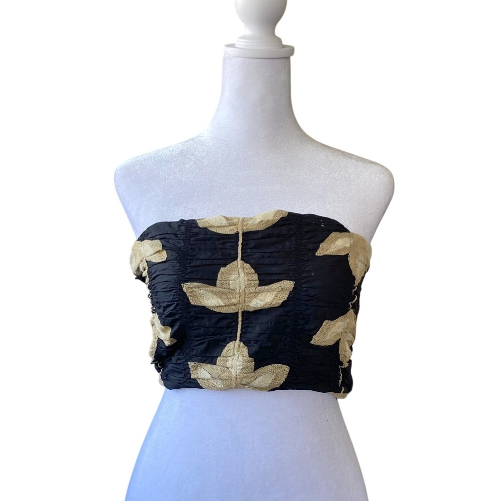 Zara Embroidered Strapless Smocked Black Tube Top Crop‎ Bandeau XS Festival Boho